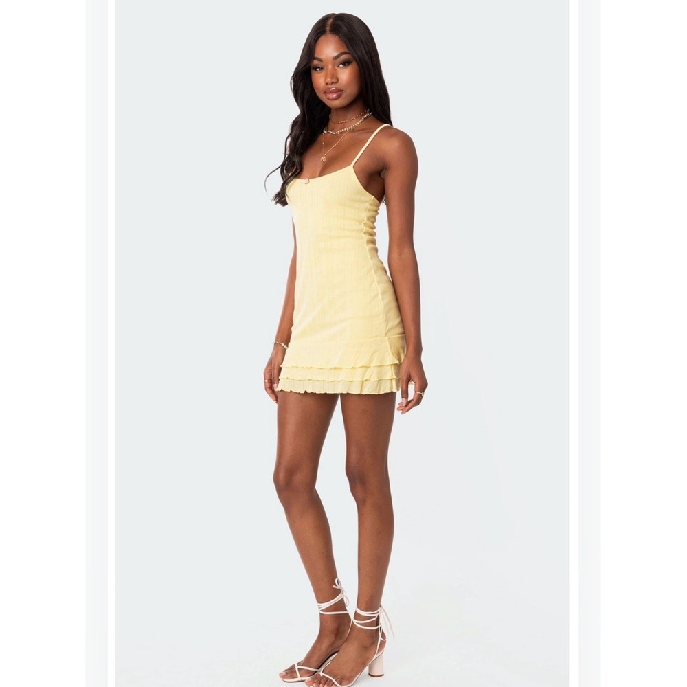 Edikted Yellow Ruffle Hem Slip Mini Dress Pointelle Ribbed Rosette Womens XS NWT